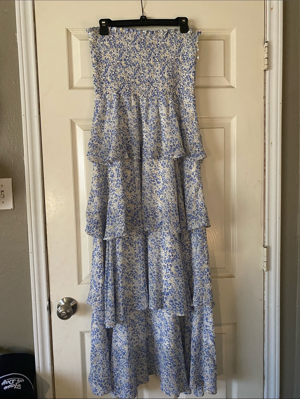 Entro Blue and White Strapless Tiered Maxi Dress